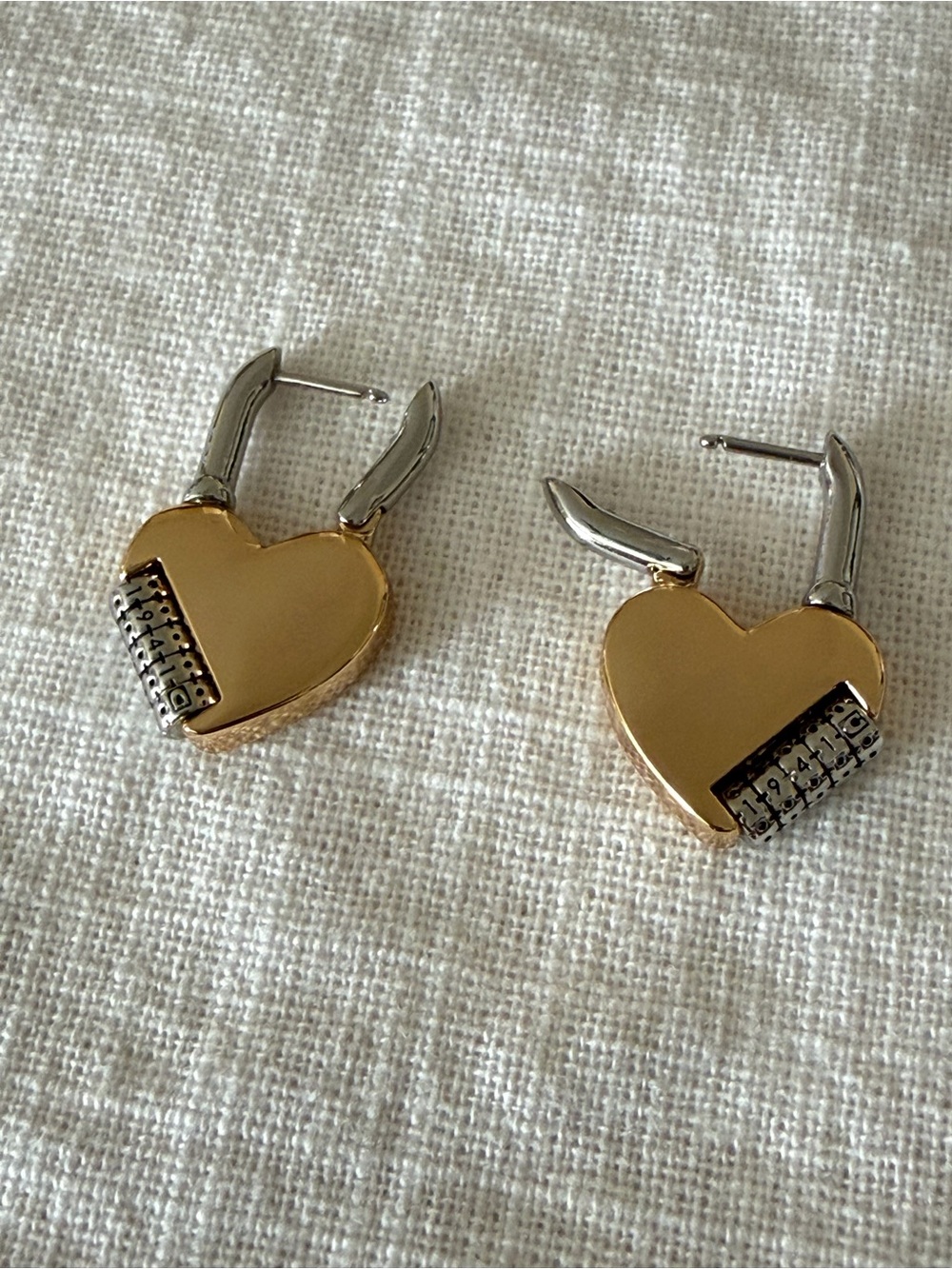 Authentic Coach Two-Tone Faux Stone Signature Heart Padlock Drop Earrings - Picture 5 of 8